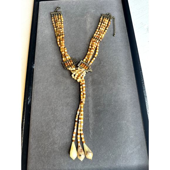 Vintage gold tone brass beaded with chocolate rhinestones drop choker/necklace - Picture 4 of 6